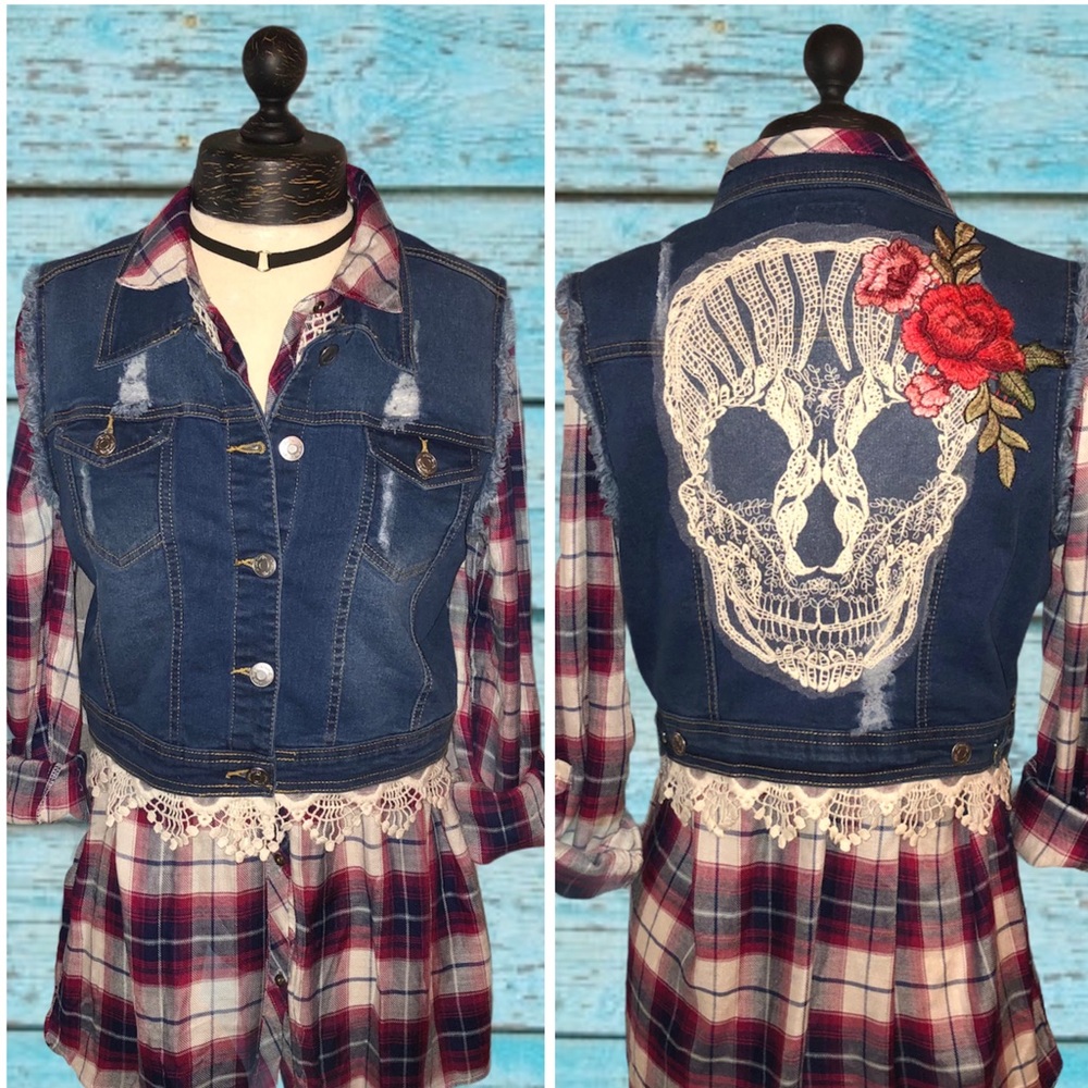 Upcycled Handmade Sugar Skull Lace Denim Vest L
